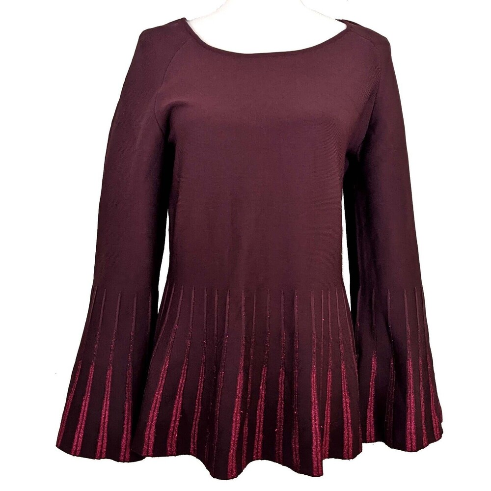 Anna Cai New York Womens M Burgundy Knit Top Trumpet Sleeves Glitter Pleats